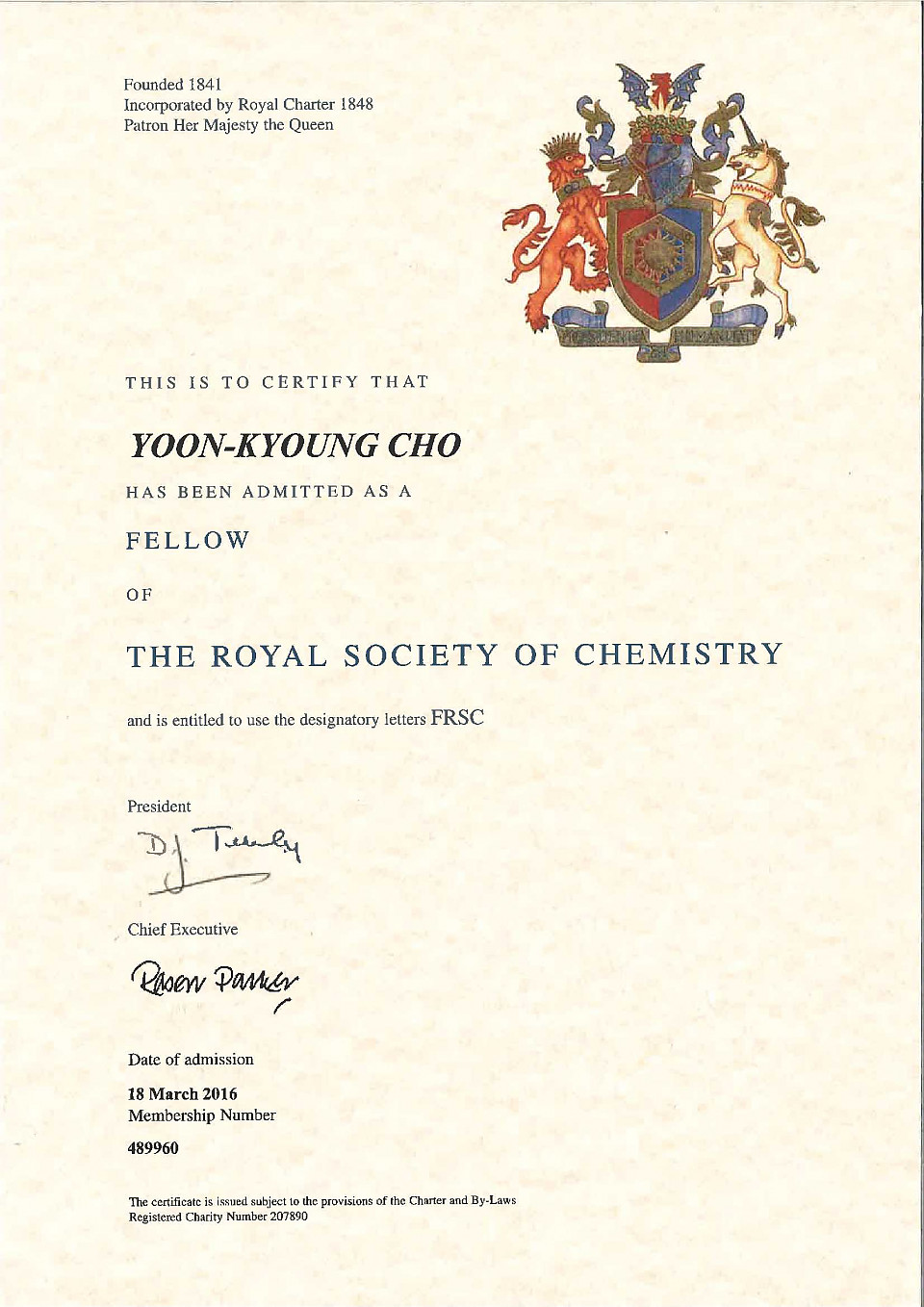 Prof. Yoon-Kyoung Cho has been admitted as a Fellow of the Royal Society of Chemistry(FRSC)에 대한 이미지1